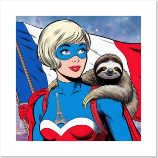 Francais: Female 70's Comic Book Hero with Sloth Posters and Art